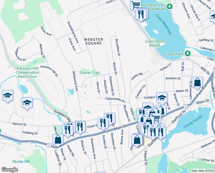 map of restaurants, bars, coffee shops, grocery stores, and more near 13 Delawanda Drive in Worcester