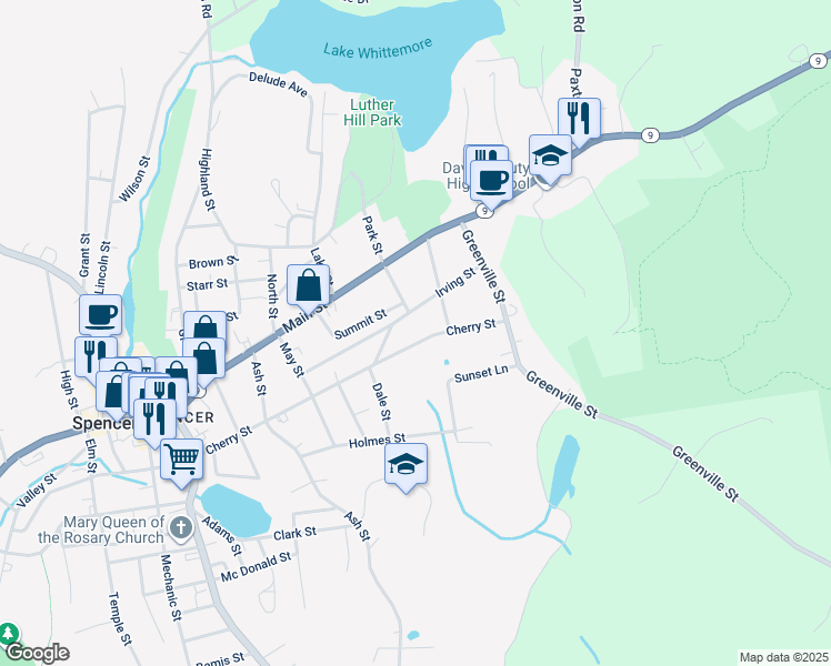 map of restaurants, bars, coffee shops, grocery stores, and more near 82 Cherry Street in Spencer
