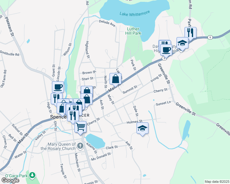map of restaurants, bars, coffee shops, grocery stores, and more near 226 Main Street in Spencer