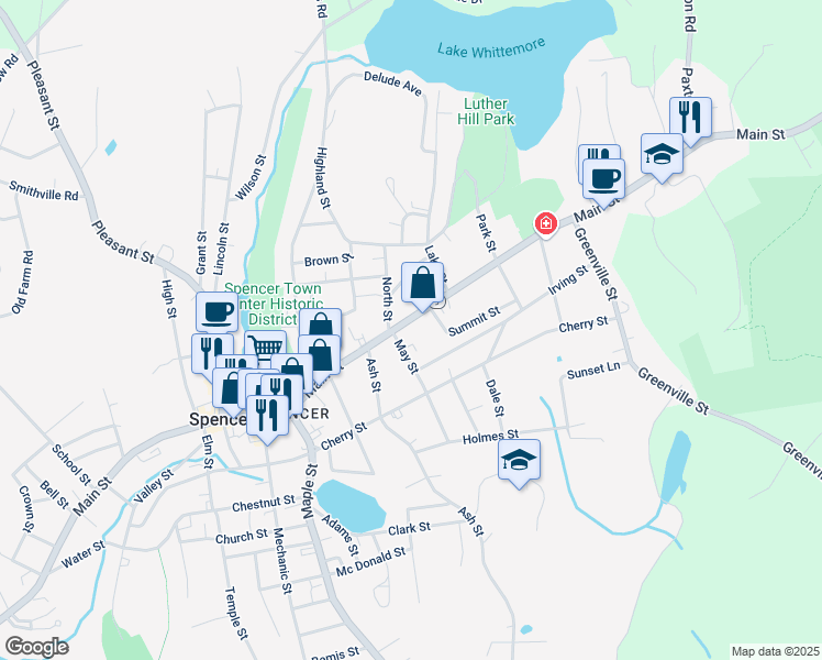 map of restaurants, bars, coffee shops, grocery stores, and more near 226 Main Street in Spencer