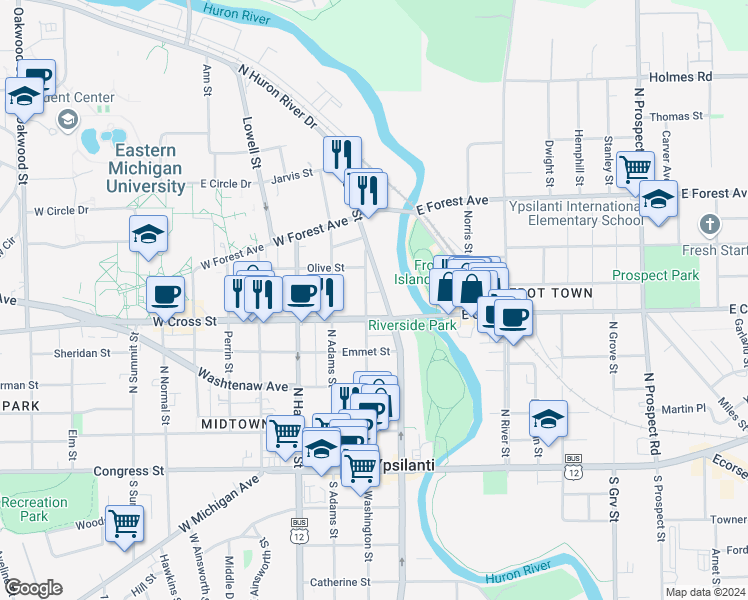 map of restaurants, bars, coffee shops, grocery stores, and more near 110 West Cross Street in Ypsilanti