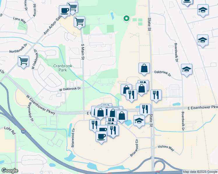 map of restaurants, bars, coffee shops, grocery stores, and more near 350 Briarcrest Drive in Ann Arbor