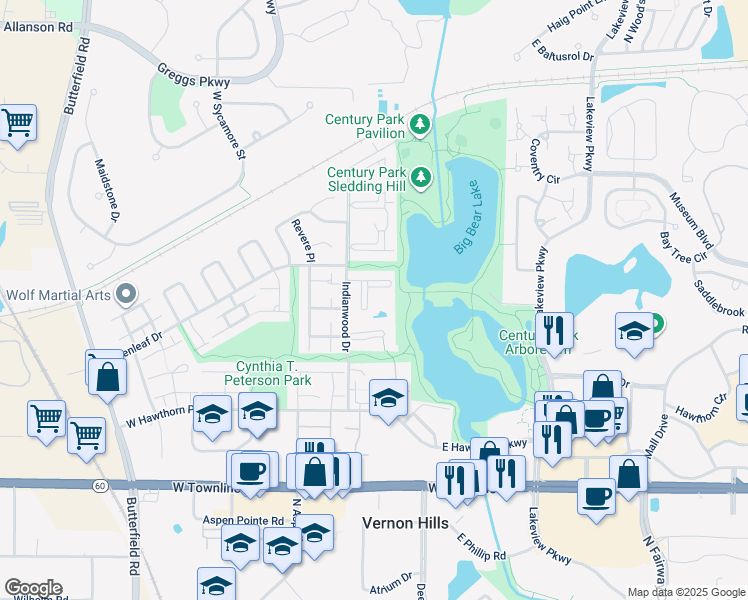 map of restaurants, bars, coffee shops, grocery stores, and more near 5 Crestview Lane in Vernon Hills