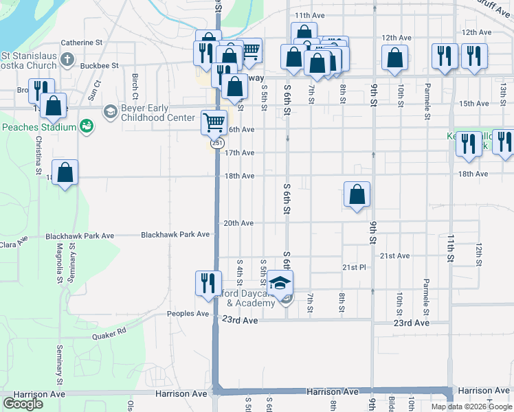 map of restaurants, bars, coffee shops, grocery stores, and more near 2020 South 4th Street in Rockford