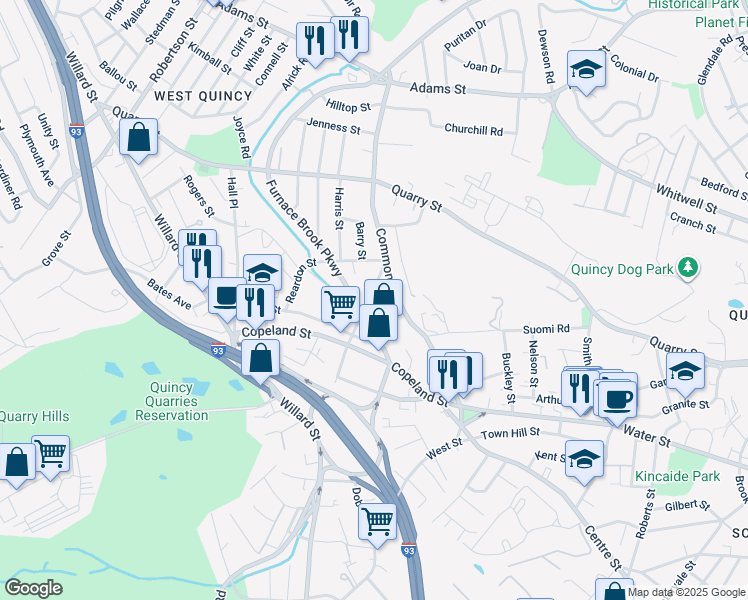 map of restaurants, bars, coffee shops, grocery stores, and more near 40 Cross Street in Quincy