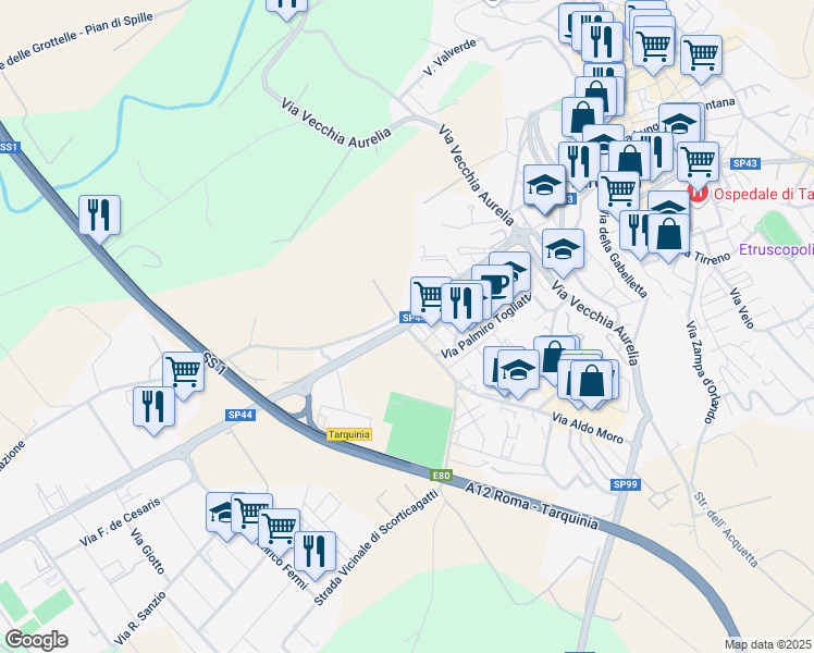 map of restaurants, bars, coffee shops, grocery stores, and more near 4 Strada Provinciale Porto Clementino in Tarquinia