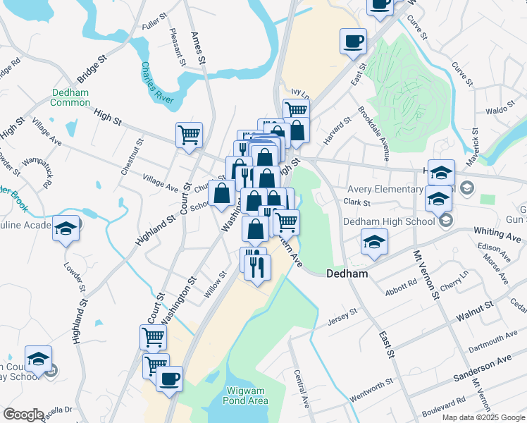 map of restaurants, bars, coffee shops, grocery stores, and more near 500 Boston-Providence Turnpike in Dedham