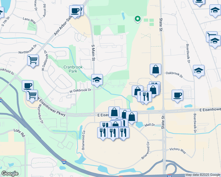 map of restaurants, bars, coffee shops, grocery stores, and more near 200 Briarcrest Drive in Ann Arbor