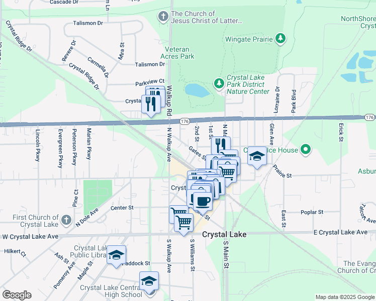 map of restaurants, bars, coffee shops, grocery stores, and more near 37 Gates Street in Crystal Lake