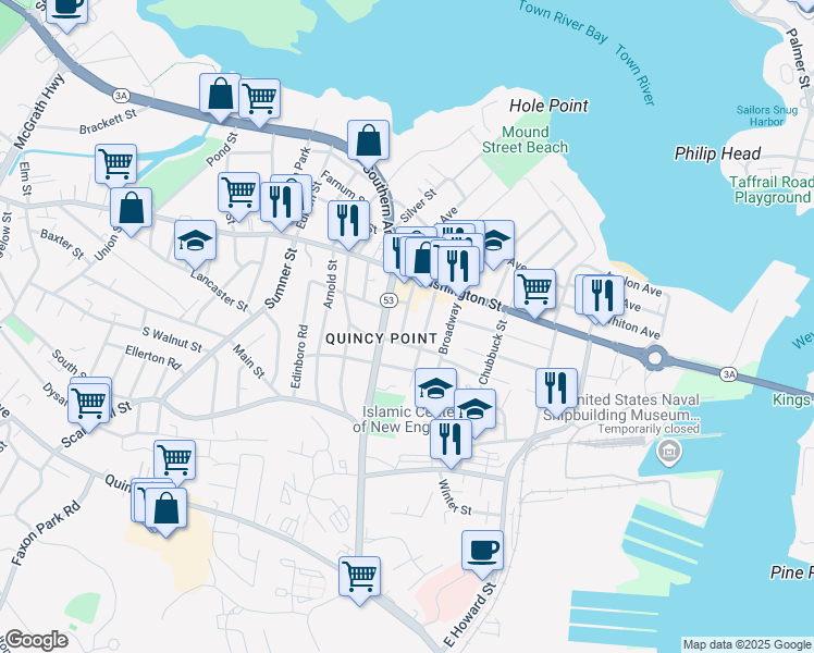 map of restaurants, bars, coffee shops, grocery stores, and more near 15 Beacon Street in Quincy