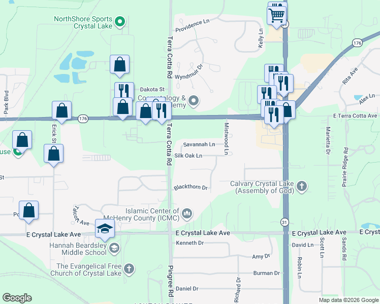 map of restaurants, bars, coffee shops, grocery stores, and more near 697 Silk Oak Lane in Crystal Lake