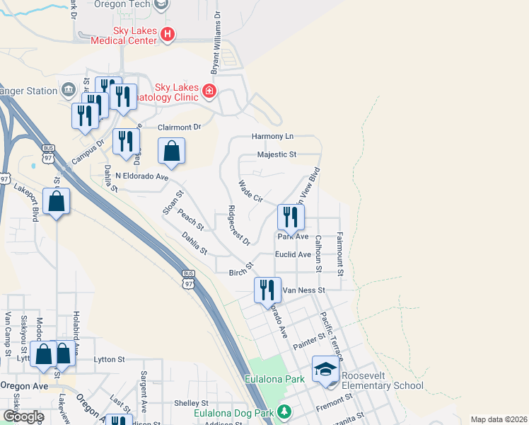 map of restaurants, bars, coffee shops, grocery stores, and more near 123 Ridgecrest Drive in Klamath Falls