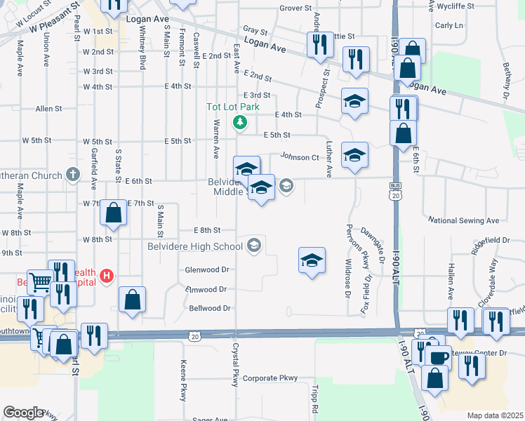 map of restaurants, bars, coffee shops, grocery stores, and more near 919 East 6th Street in Belvidere