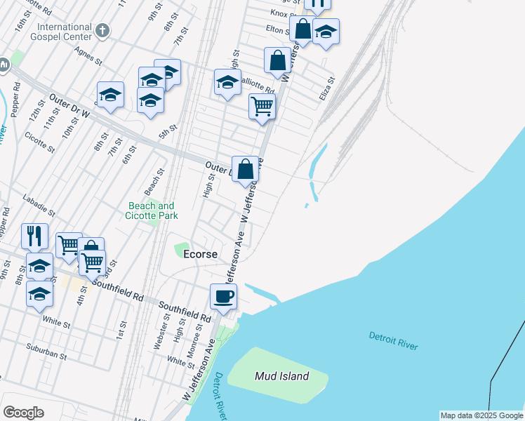 map of restaurants, bars, coffee shops, grocery stores, and more near 23 East Goodell Avenue in Ecorse