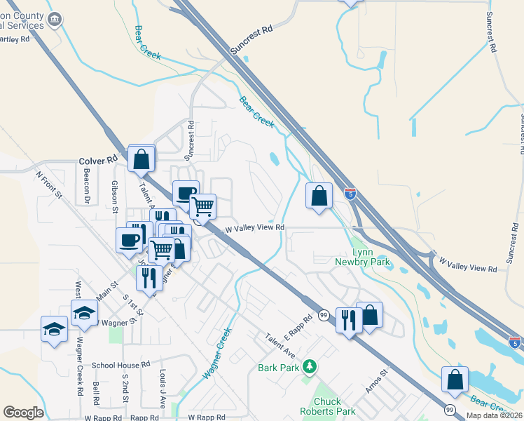 map of restaurants, bars, coffee shops, grocery stores, and more near 247 West Valley View Road in Talent
