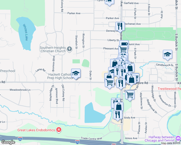 map of restaurants, bars, coffee shops, grocery stores, and more near 4321 Duke St in Kalamazoo Township
