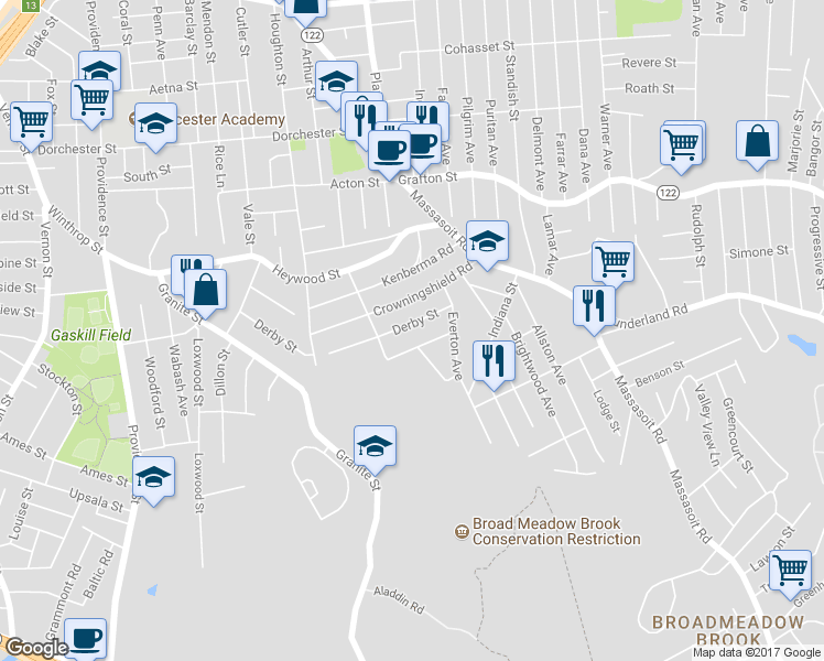 map of restaurants, bars, coffee shops, grocery stores, and more near 136 Derby Street in Worcester