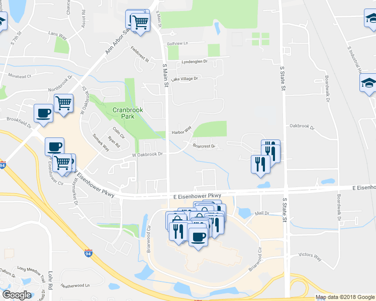 map of restaurants, bars, coffee shops, grocery stores, and more near 118 Oakbrook Drive in Ann Arbor