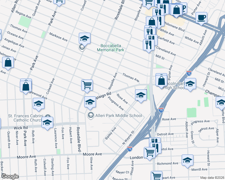 map of restaurants, bars, coffee shops, grocery stores, and more near 2159 Champaign Road in Lincoln Park