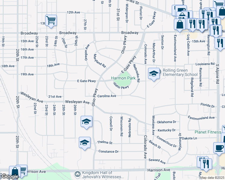 map of restaurants, bars, coffee shops, grocery stores, and more near 2136 Oregon Avenue in Rockford