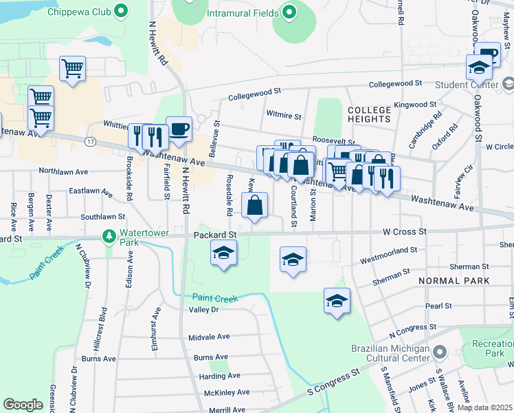 map of restaurants, bars, coffee shops, grocery stores, and more near 1890 Stratford Road in Ypsilanti