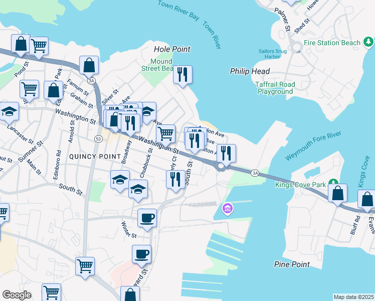 map of restaurants, bars, coffee shops, grocery stores, and more near 635 Washington Street in Quincy