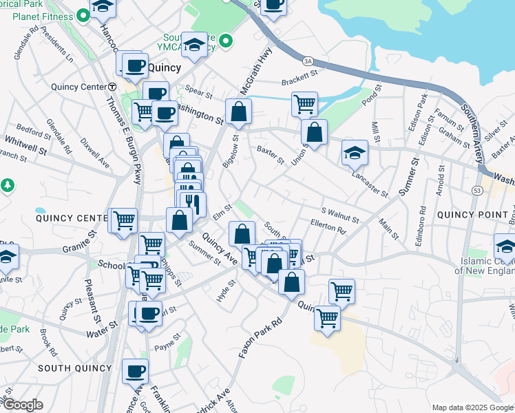 map of restaurants, bars, coffee shops, grocery stores, and more near 33 South Street in Quincy