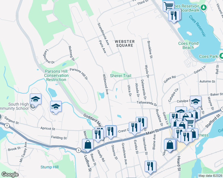 map of restaurants, bars, coffee shops, grocery stores, and more near 5 Laurel Brook Drive in Worcester