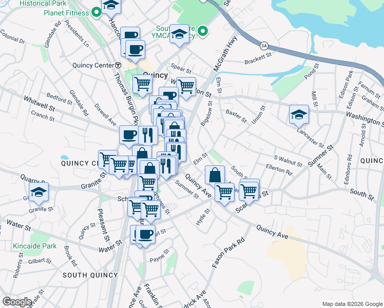 map of restaurants, bars, coffee shops, grocery stores, and more near 1630-1642 Hancock Street in Quincy