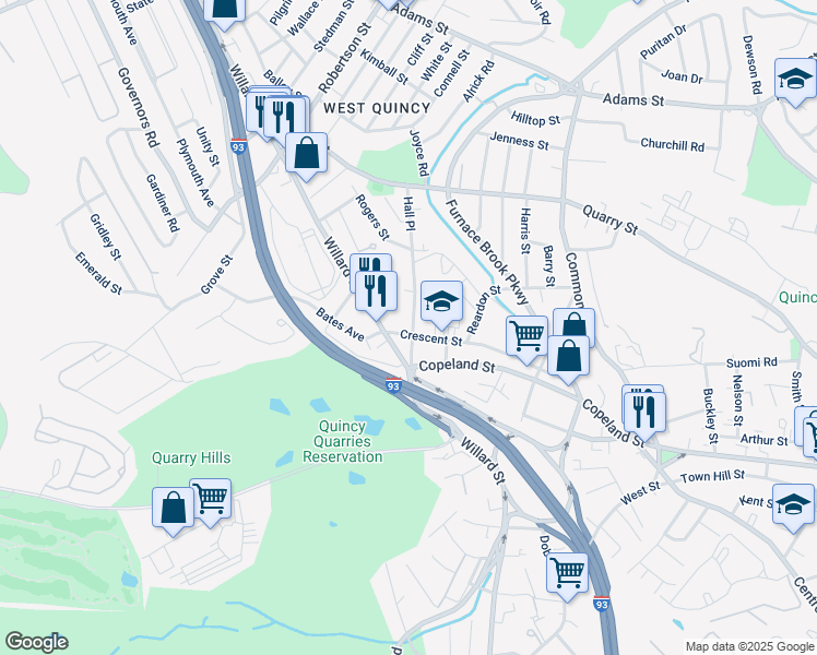 map of restaurants, bars, coffee shops, grocery stores, and more near 144 Crescent Street in Quincy