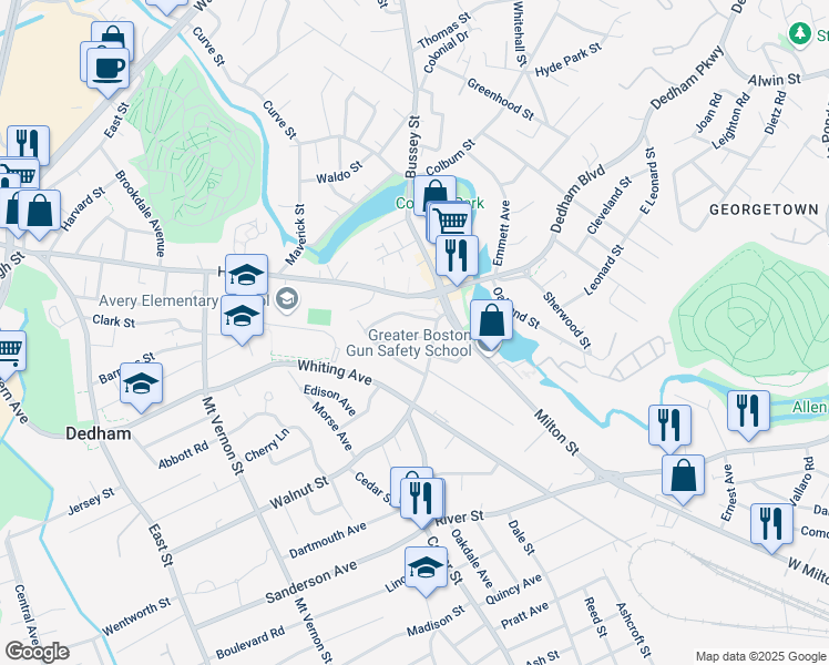 map of restaurants, bars, coffee shops, grocery stores, and more near 70 Macomber Terrace in Dedham
