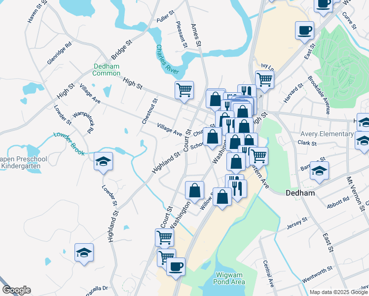 map of restaurants, bars, coffee shops, grocery stores, and more near 10 Highland Street in Dedham
