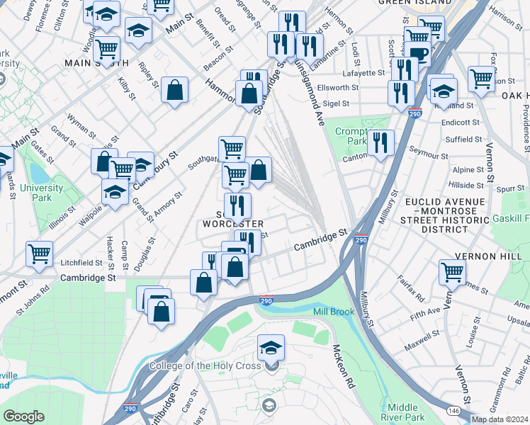map of restaurants, bars, coffee shops, grocery stores, and more near 4 Clapp Street in Worcester