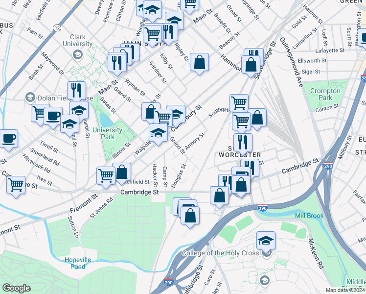 map of restaurants, bars, coffee shops, grocery stores, and more near 154 Grand Street in Worcester