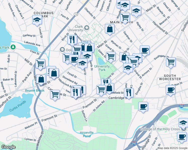 map of restaurants, bars, coffee shops, grocery stores, and more near 33 Richards Street in Worcester