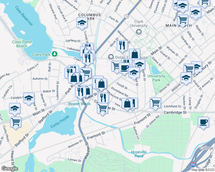 map of restaurants, bars, coffee shops, grocery stores, and more near 3 Hitchcock Road in Worcester