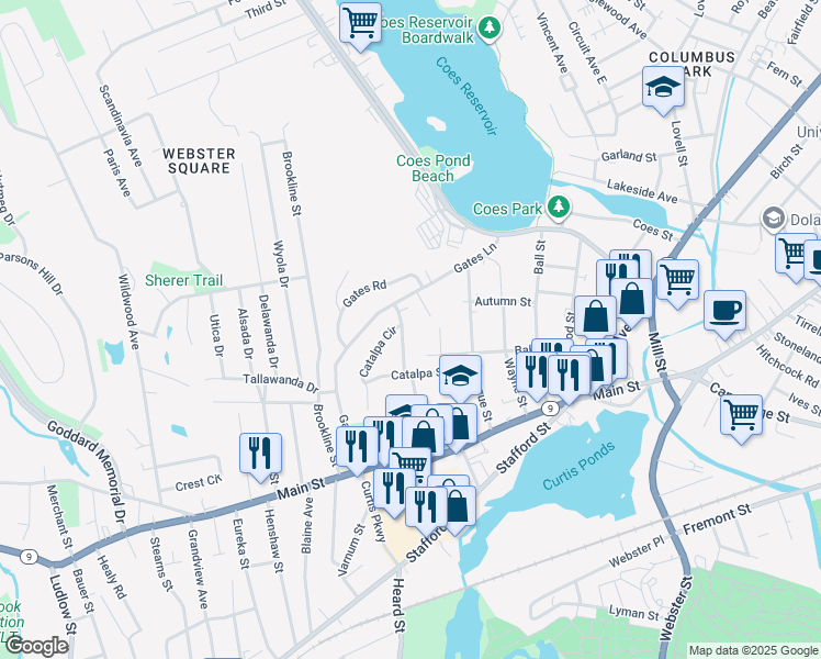 map of restaurants, bars, coffee shops, grocery stores, and more near 52 Baker Street in Worcester
