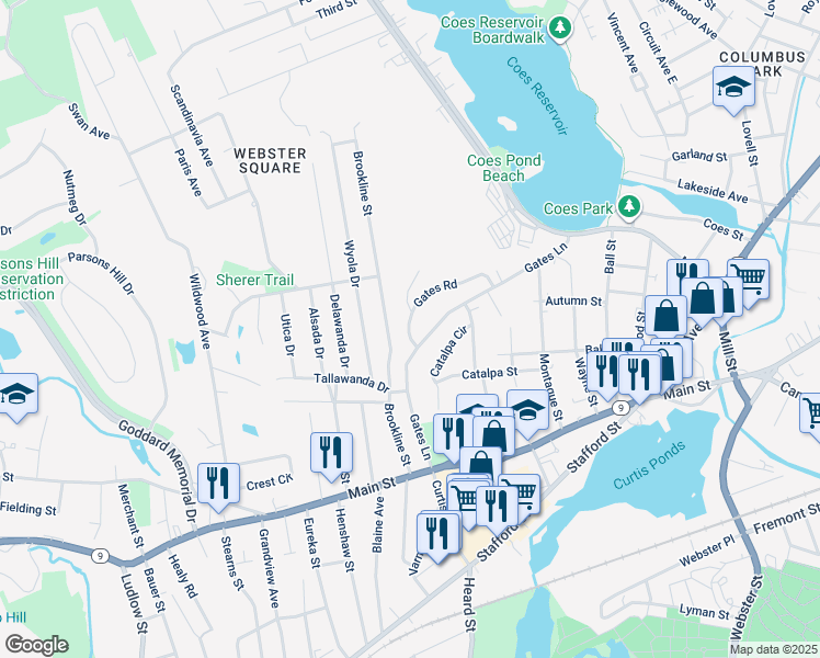 map of restaurants, bars, coffee shops, grocery stores, and more near 55 Gates Lane in Worcester