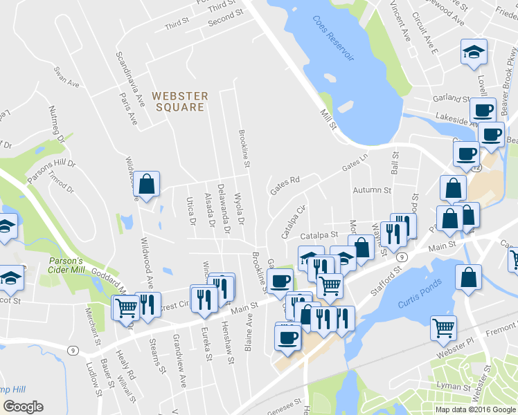map of restaurants, bars, coffee shops, grocery stores, and more near 12 Wyola Drive in Worcester