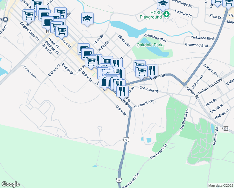 map of restaurants, bars, coffee shops, grocery stores, and more near 747 Warren Street in Hudson