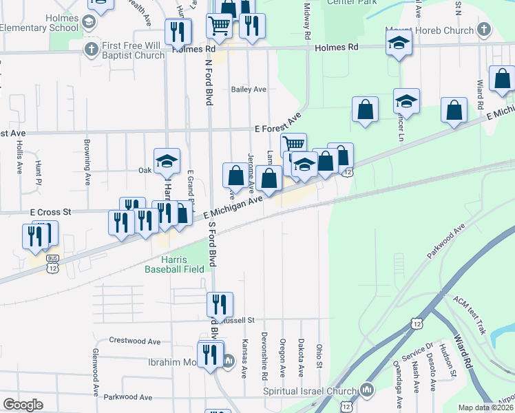 map of restaurants, bars, coffee shops, grocery stores, and more near 50 Laporte Avenue in Ypsilanti