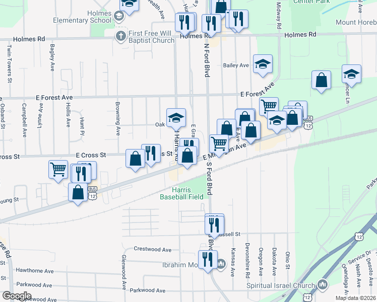 map of restaurants, bars, coffee shops, grocery stores, and more near in Ypsilanti Charter Township