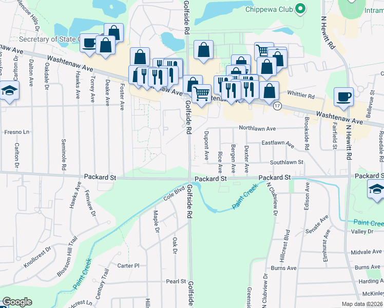 map of restaurants, bars, coffee shops, grocery stores, and more near 2861 Golfside Road in Ypsilanti