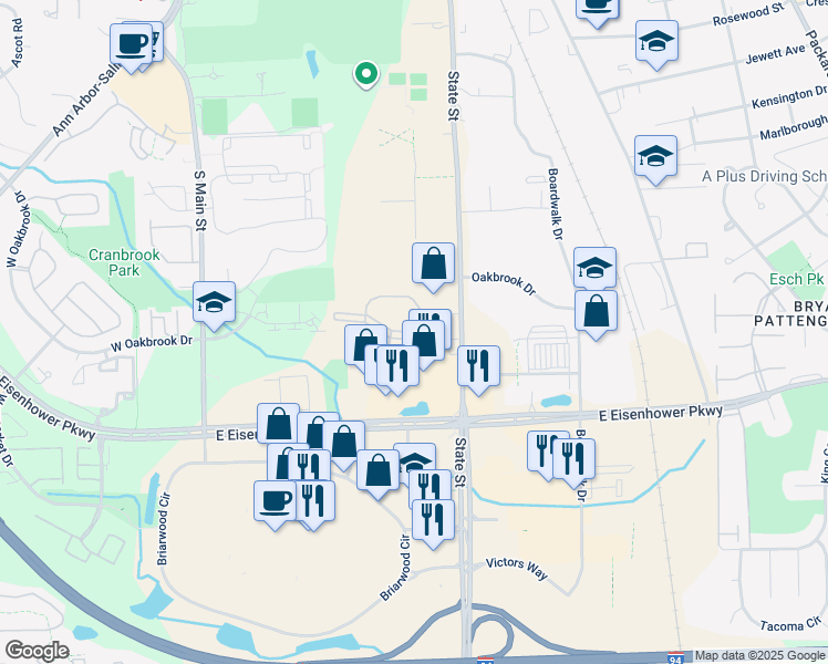 map of restaurants, bars, coffee shops, grocery stores, and more near 2800 South State Street in Ann Arbor