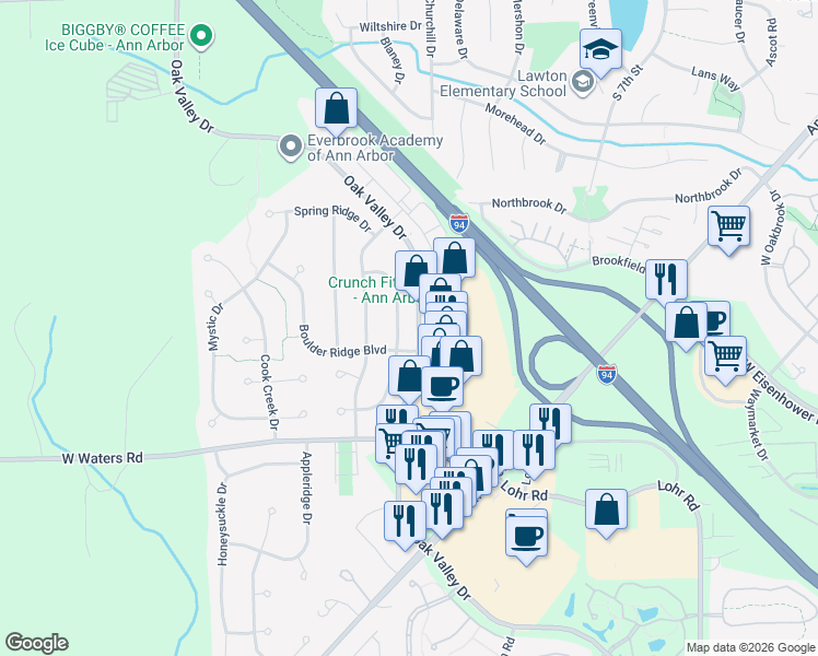 map of restaurants, bars, coffee shops, grocery stores, and more near 2809 Oak Valley Drive in Ann Arbor