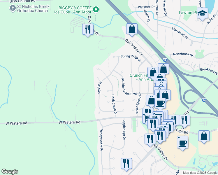 map of restaurants, bars, coffee shops, grocery stores, and more near 2357 Marquis Court in Ann Arbor
