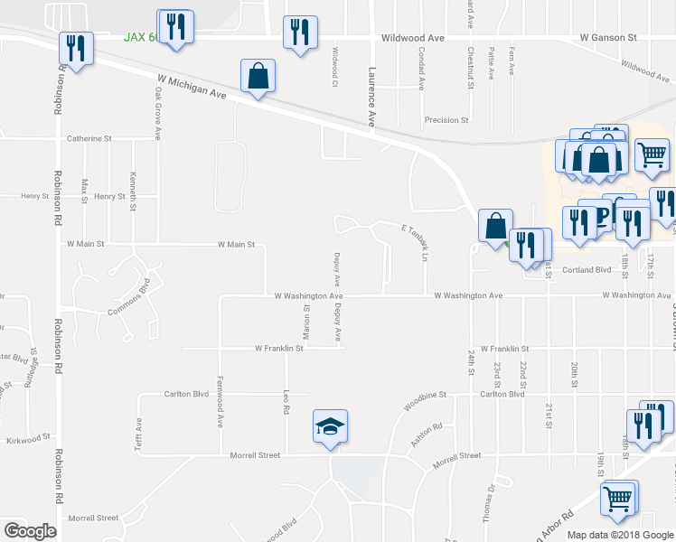 map of restaurants, bars, coffee shops, grocery stores, and more near 1107 Adrian Street in Jackson