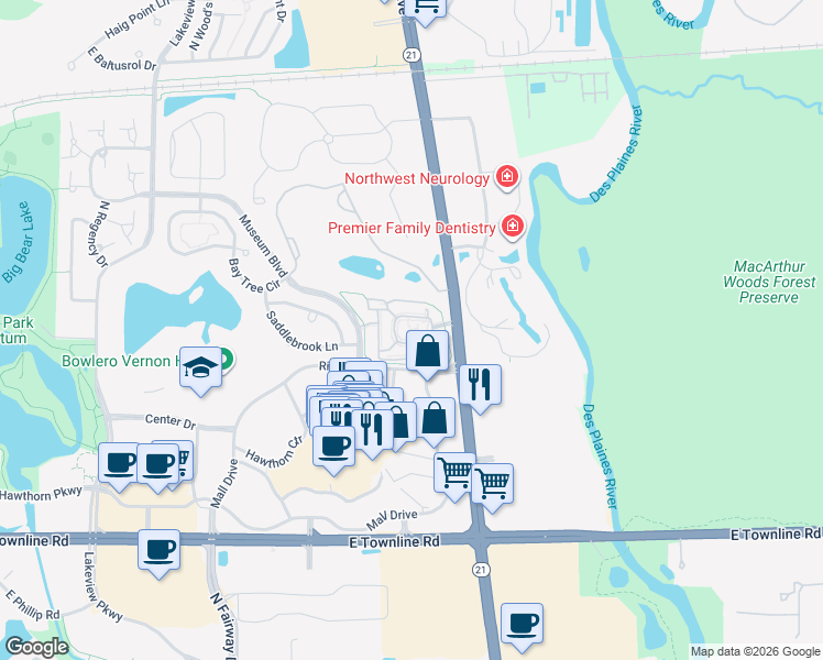 map of restaurants, bars, coffee shops, grocery stores, and more near 1125 Museum Boulevard in Vernon Hills