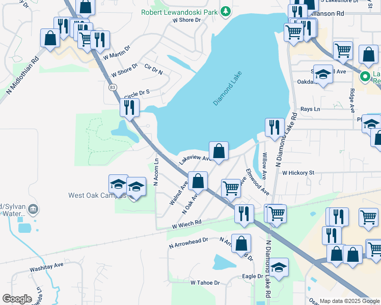 map of restaurants, bars, coffee shops, grocery stores, and more near 19348 Lakeview Avenue in Mundelein