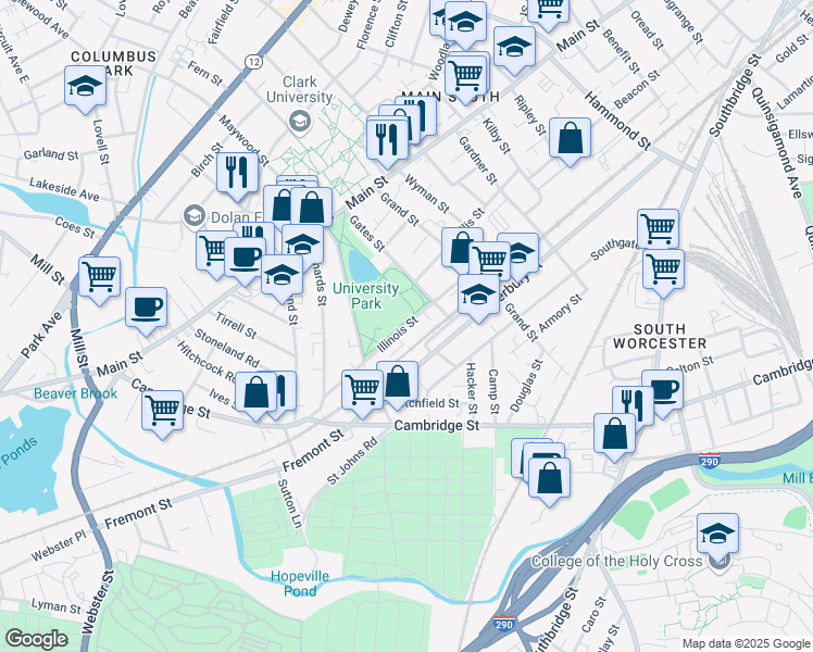 map of restaurants, bars, coffee shops, grocery stores, and more near 55 Illinois Street in Worcester